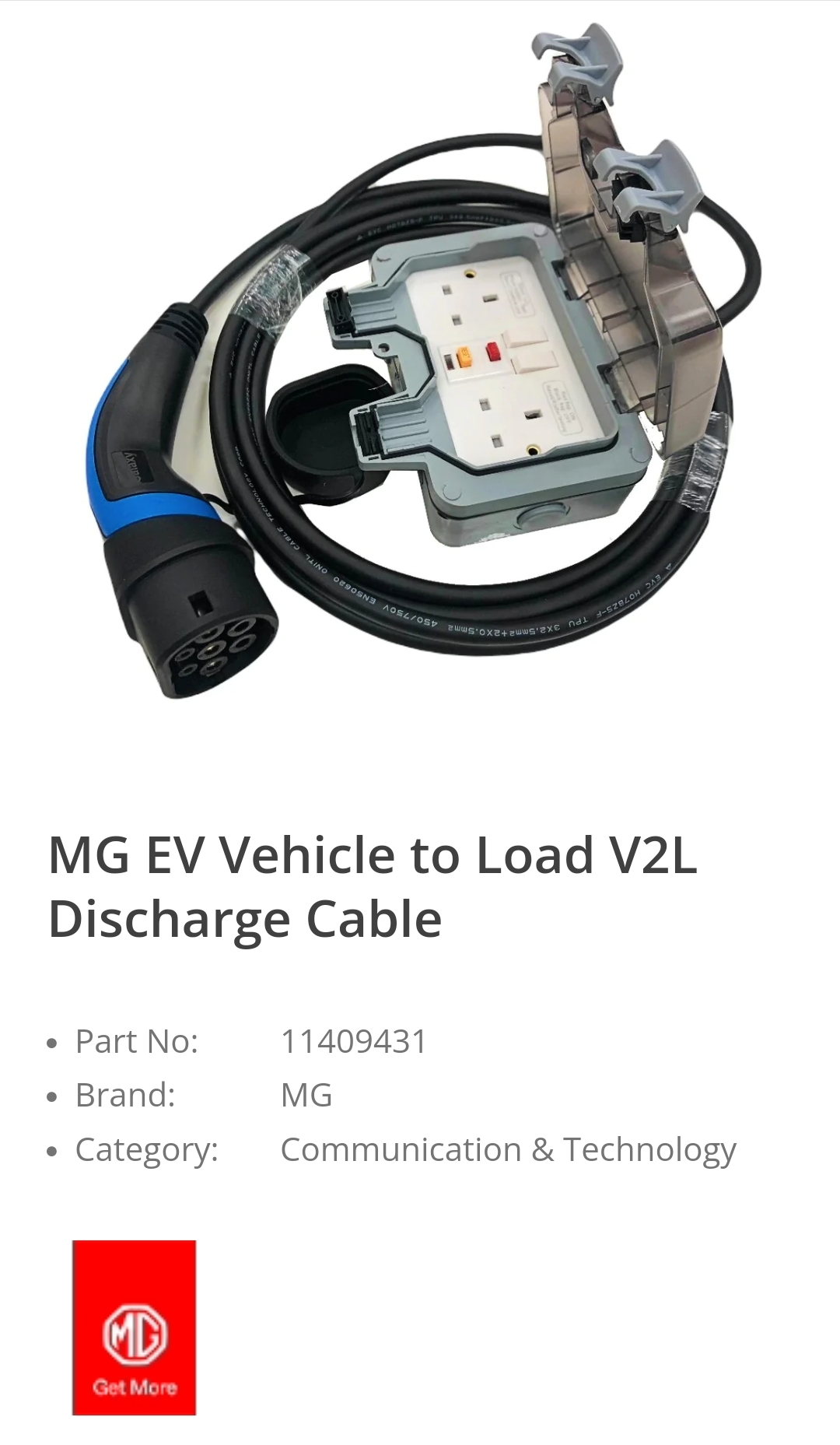 MG Vehicle to Load V2L Discharge Cable